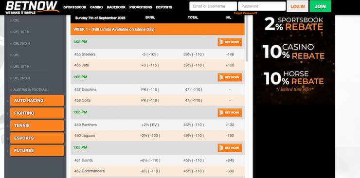 A snapshot of BetNow, one of our top rated West Virginia sports betting sites.